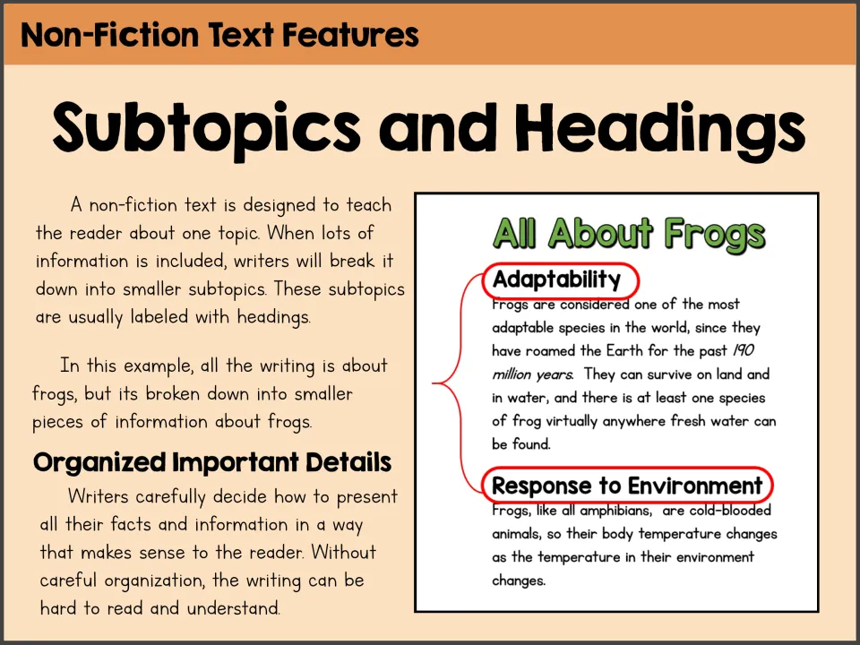 Subtopics and headings poster using frog passages on Adaptability and Response to Environment as examples