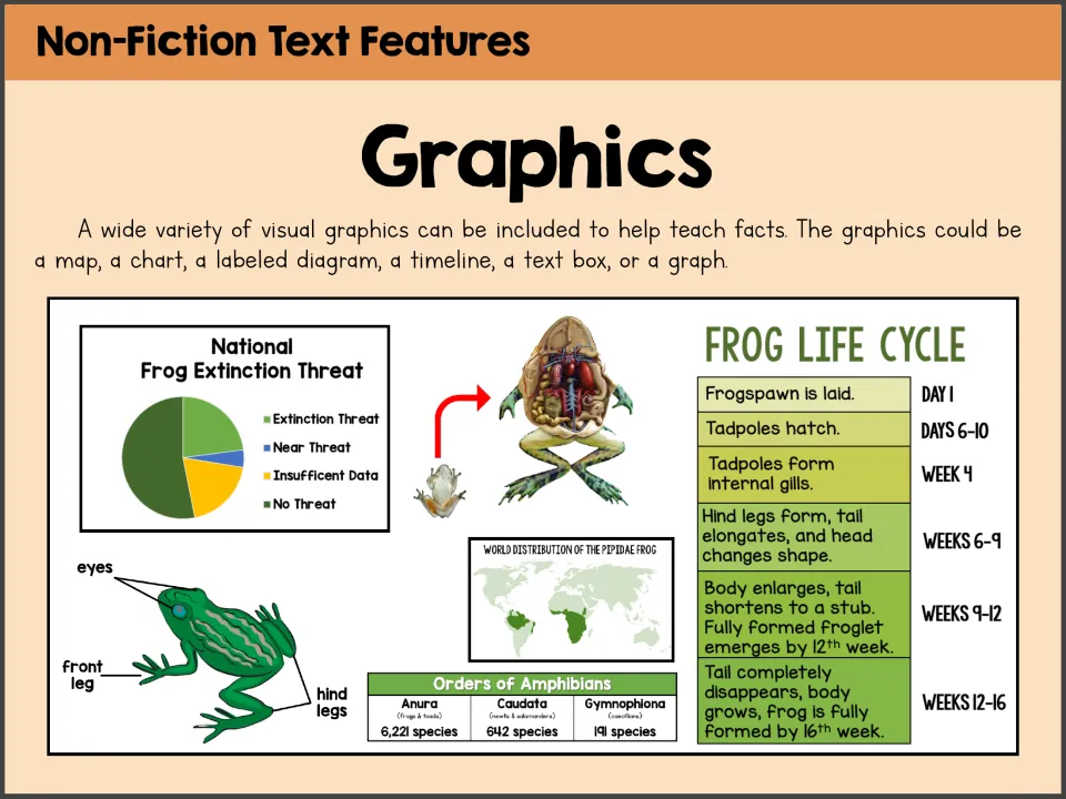 Graphics poster showing frog examples of a pie chart, labeled diagram, distribution map, and life cycle timeline