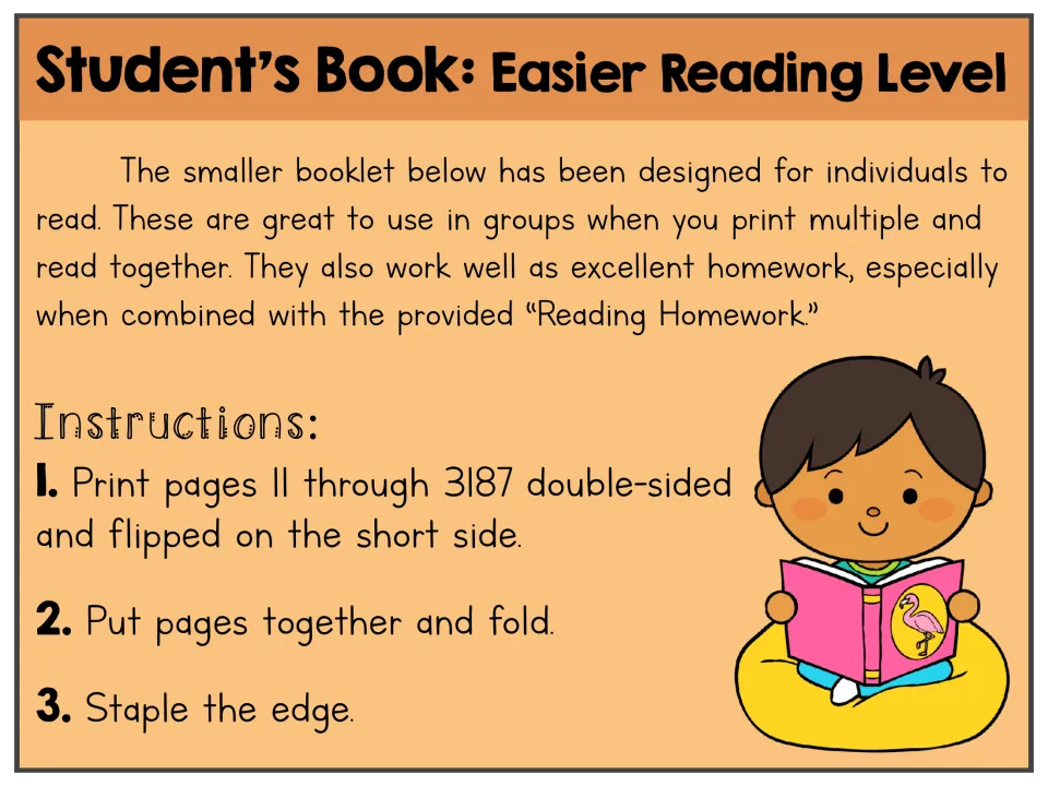 Easier student booklet guide giving directions to print double-sided, flip on the short side, fold, and staple