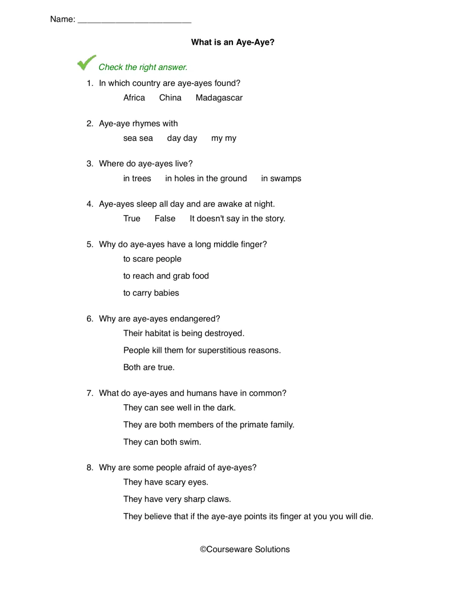 Aye-aye comprehension quiz: students check the right answer to 8 questions on habitat, diet and why aye-ayes are endangered