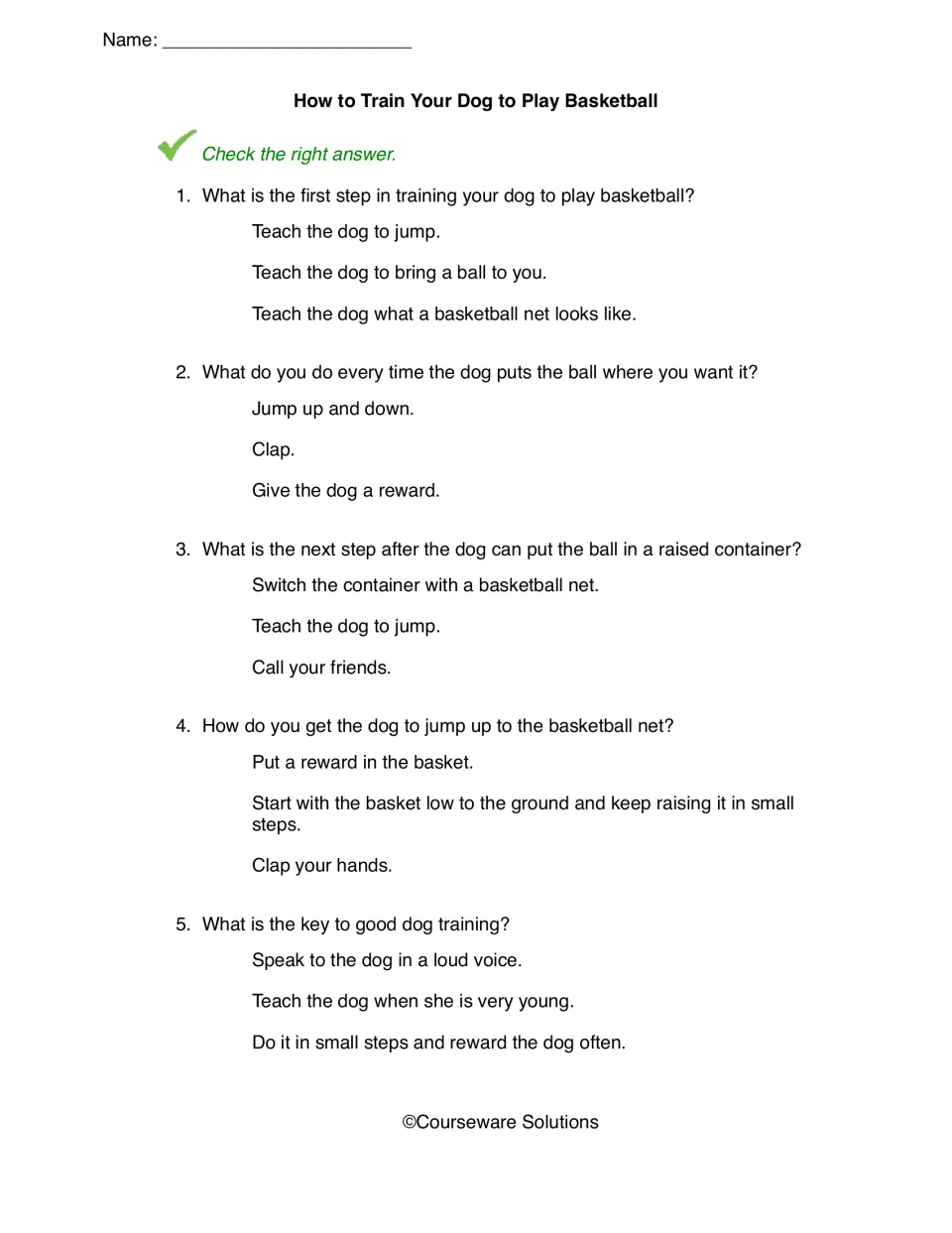 Dog basketball quiz: students check the right answer to 5 questions on training steps in order and rewarding the dog