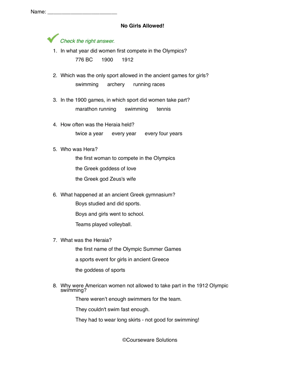 No Girls Allowed! quiz: students check the right answer to 8 questions on the Heraia, Hera, Greek gymnasiums and 1900 games