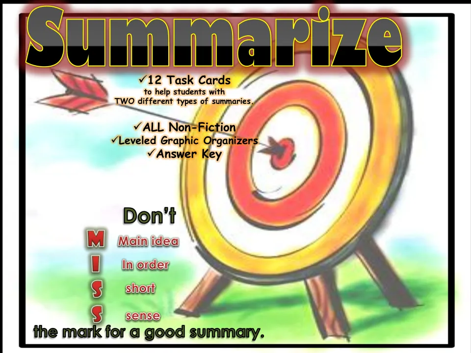 Cover introducing 12 nonfiction summary task cards, two summary types, leveled organizers, and an answer key