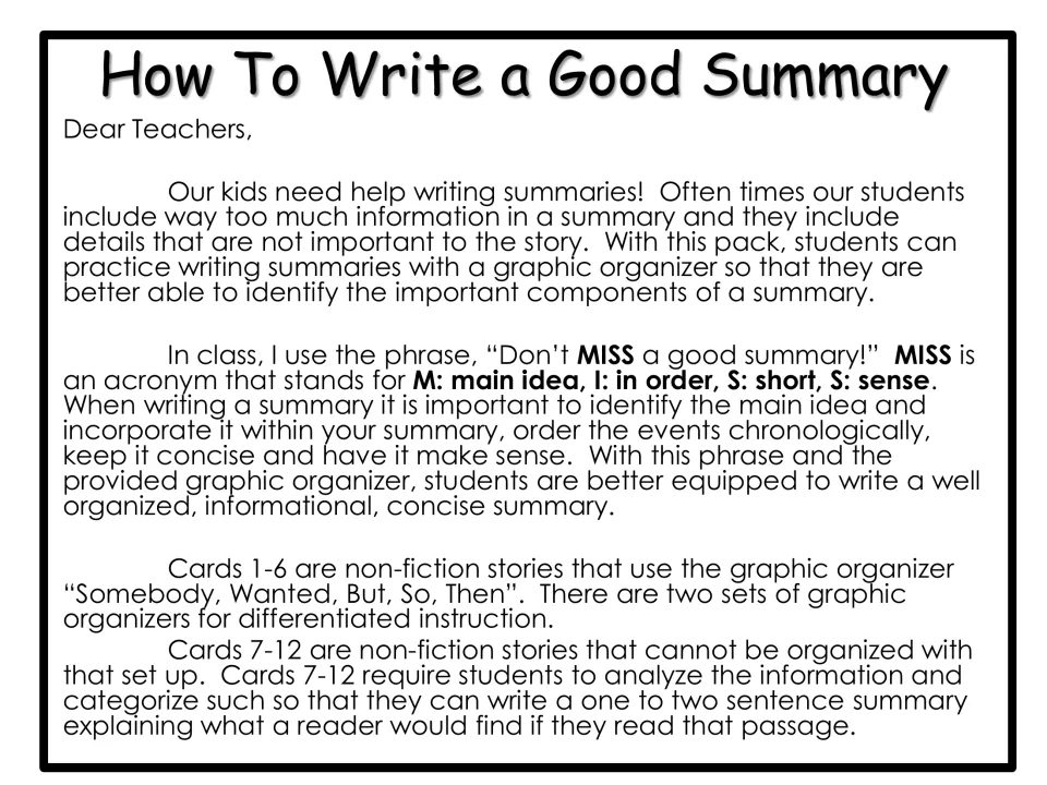 Teacher directions explain MISS and the two summary approaches used for nonfiction cards 1–6 and 7–12