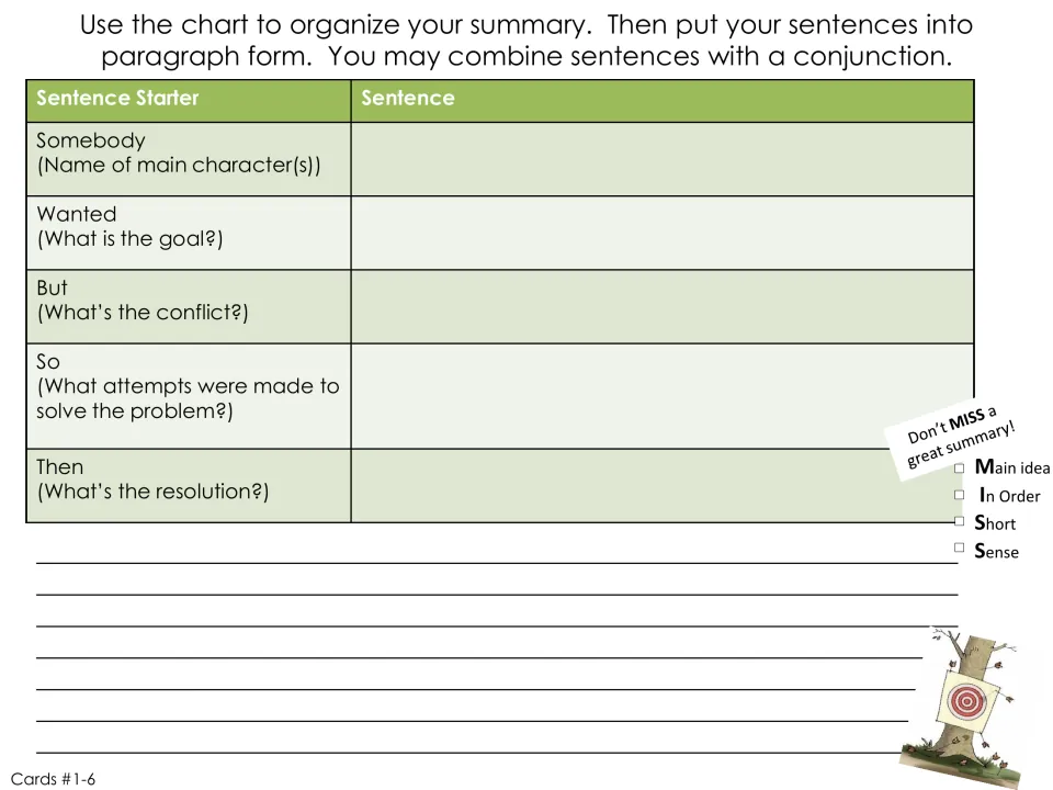 Guided summary organizer for cards 1–6 adds questions about characters, goals, conflict, attempts, and resolution