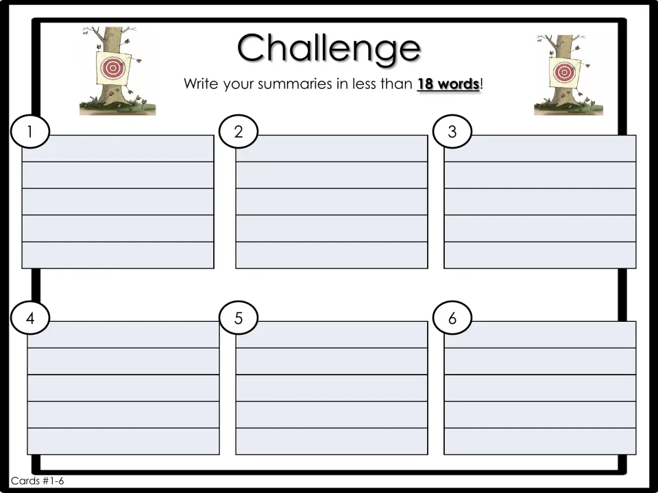 Summary challenge for cards 1–6 asks students to write each summary in fewer than 18 words