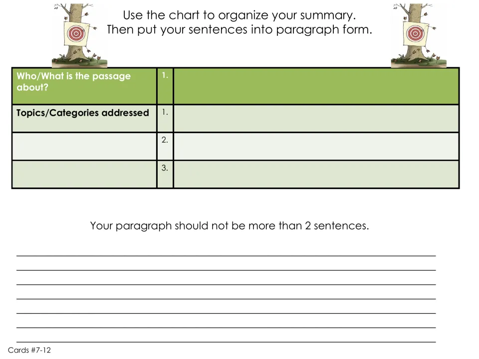 Summary organizer for cards 7–12 asks for the passage subject and three topics, with a two-sentence limit