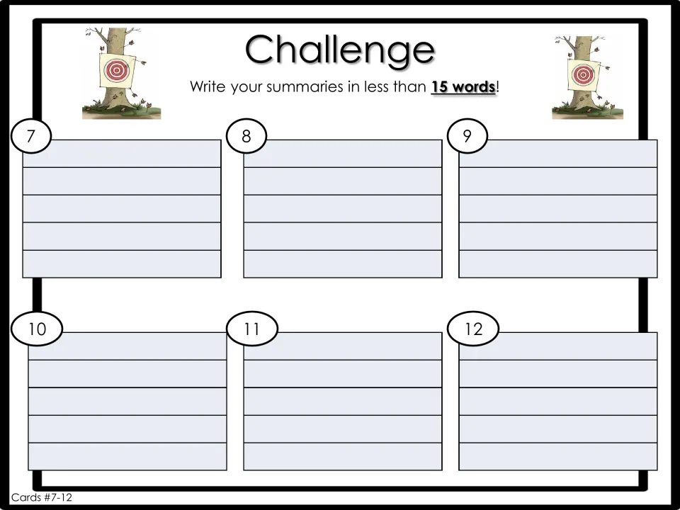 Summary challenge for cards 7–12 asks students to write each summary in fewer than 15 words