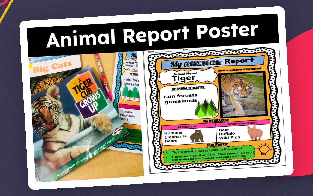 Animal Report Poster cover with a tiger example and a completed research-poster preview.