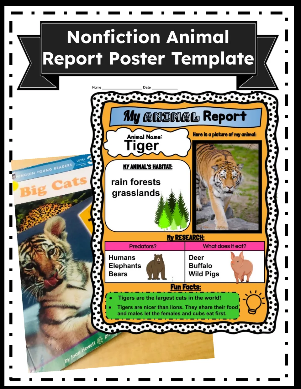 Nonfiction Animal Report Poster Template cover showing a finished tiger report next to a Big Cats reader book