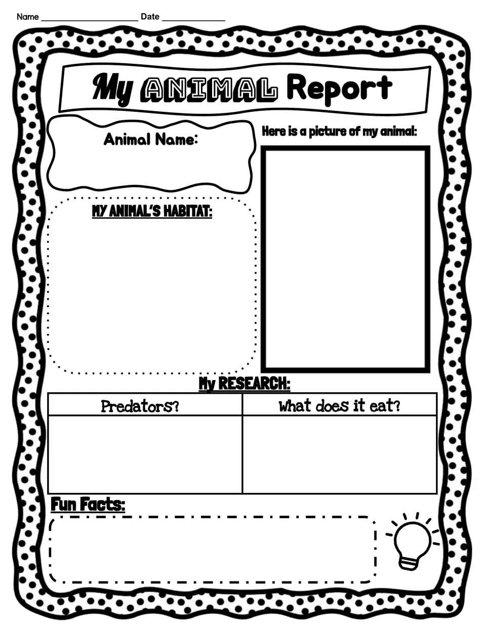 Blank My Animal Report: students record an animal's name, habitat, predators, diet and fun facts, then add a picture