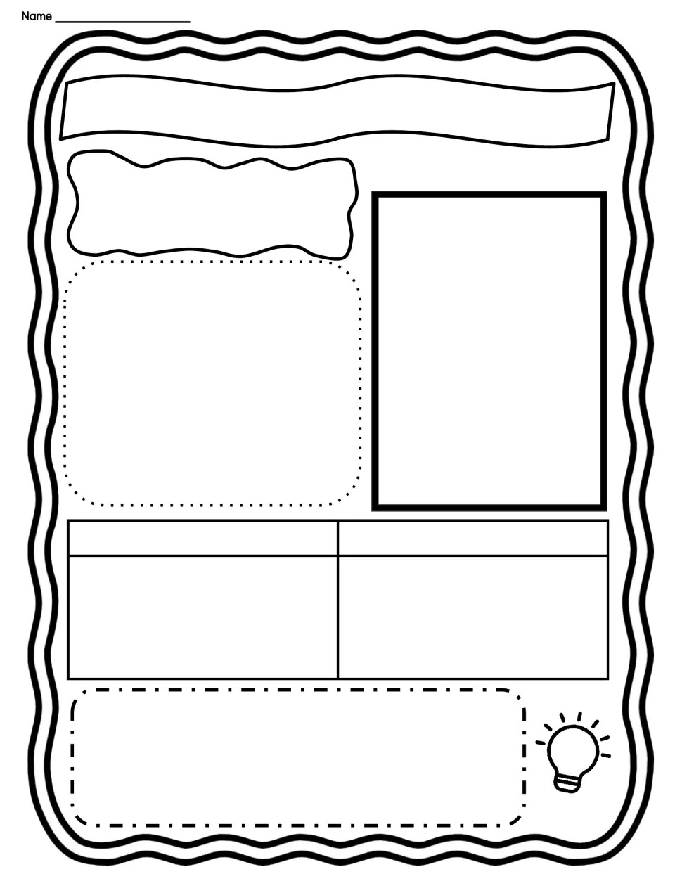 Unlabeled report layout: students write their own title, name, headings and facts, with space for a picture and fun fact