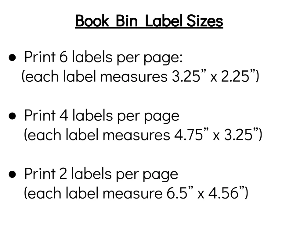Label size guide: print 6, 4 or 2 labels per page, from 3.25 x 2.25 inches up to 6.5 x 4.56 inches