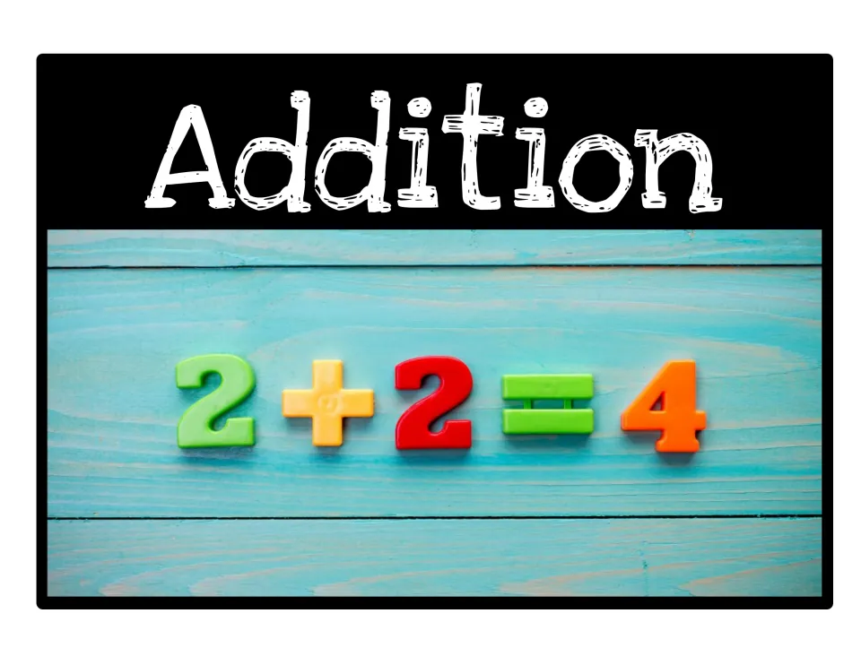 Addition bin label: topic name in white on black above a photo of colorful plastic numbers spelling 2 + 2 = 4