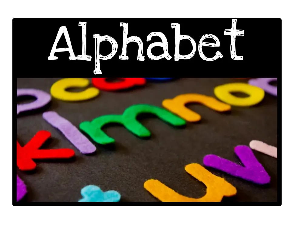 Alphabet bin label: photo of colorful felt lowercase letters such as k, l, m, n and u scattered on a dark surface
