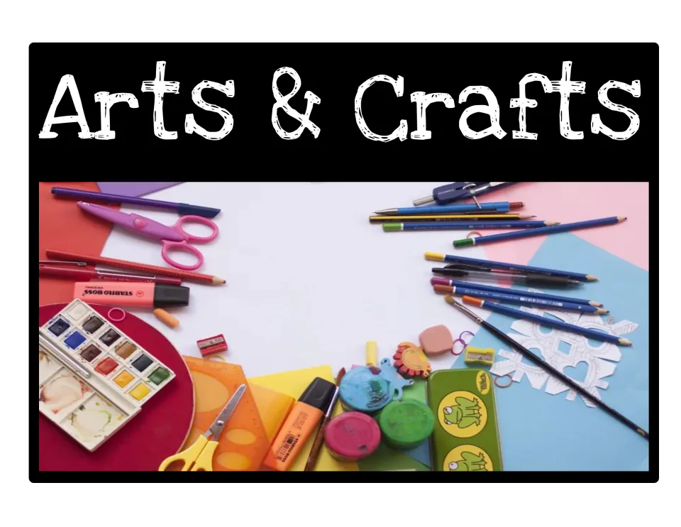 Arts & Crafts bin label: photo of scissors, colored pencils, a watercolor paint set, a highlighter and craft supplies