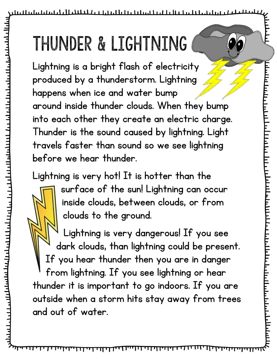 Thunder & Lightning reading passage: how lightning forms from ice and water, why thunder follows, and storm safety tips
