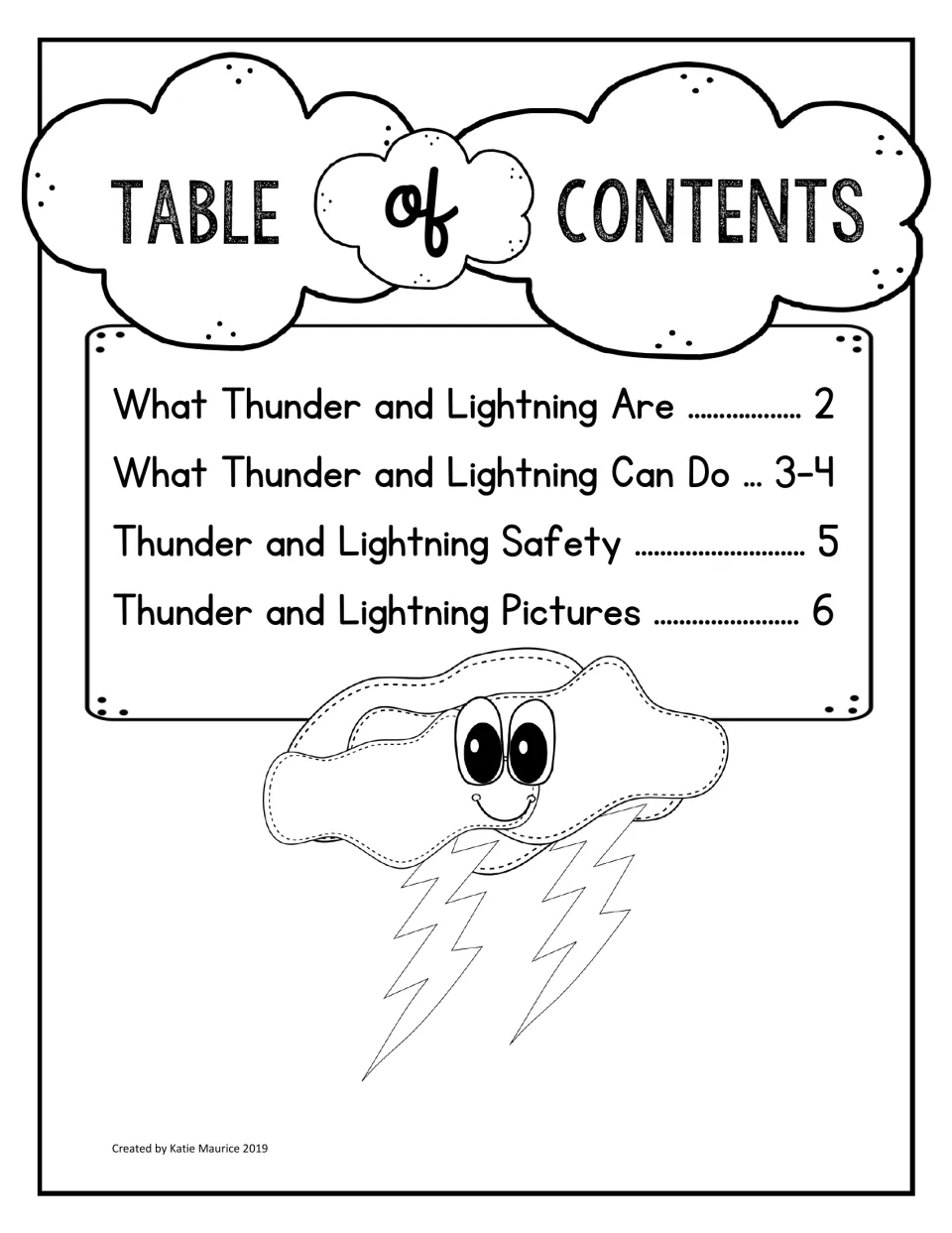 Table of contents listing what thunder and lightning are, what they can do, safety, and pictures, with page numbers 2 to 6