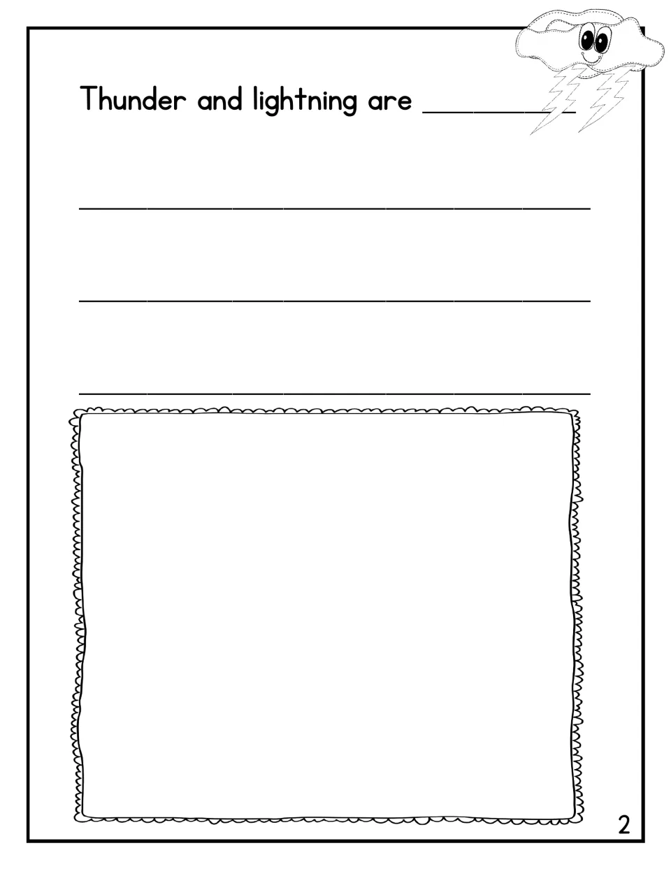 Defining thunder and lightning: students finish 'Thunder and lightning are...' with a short answer and draw an illustration
