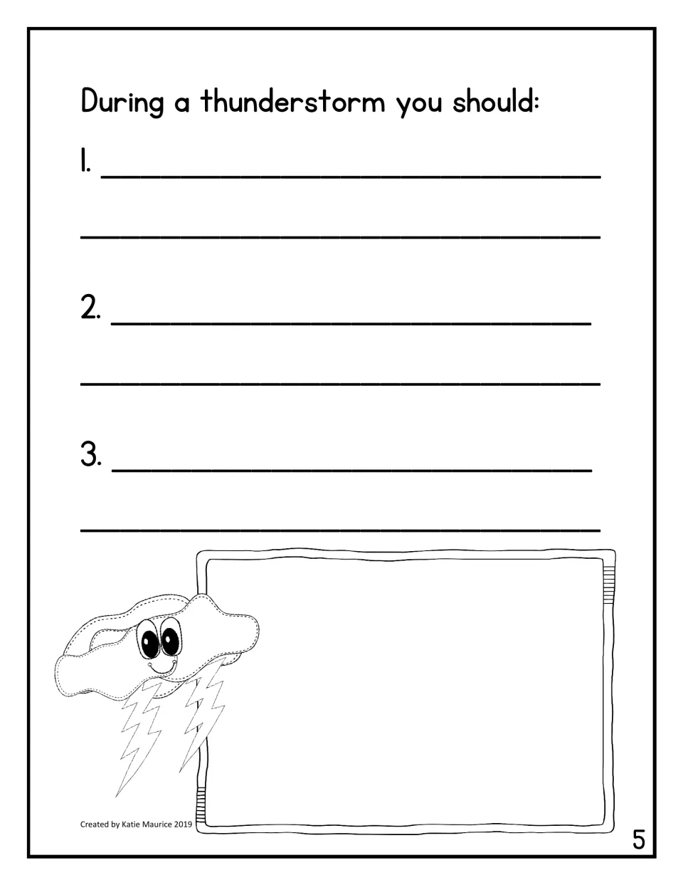 Storm safety writing: students list three things to do during a thunderstorm and draw a picture