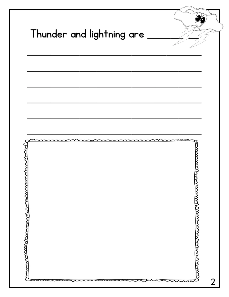 Defining thunder and lightning: students complete 'Thunder and lightning are...' with a longer answer, then illustrate it