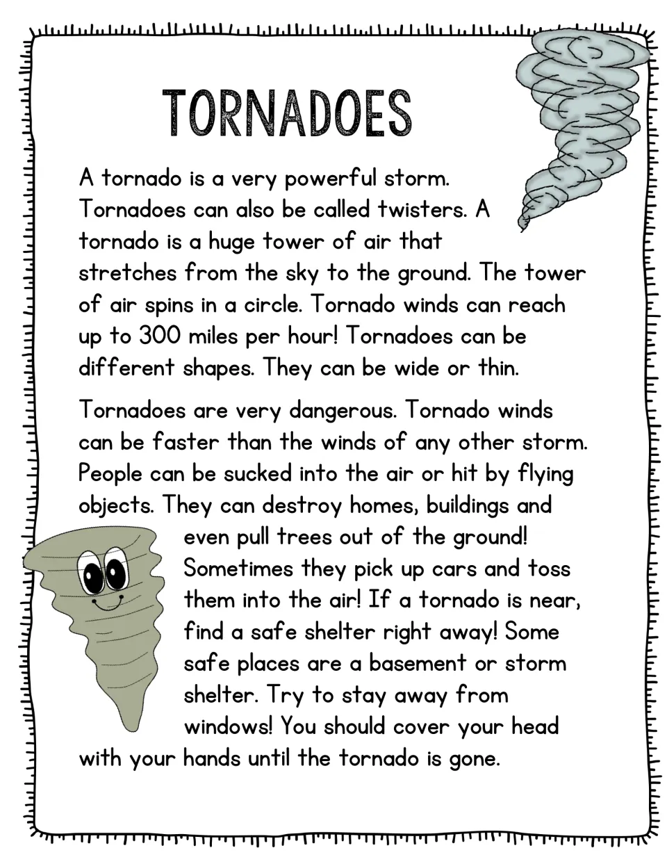 Tornado reading passage explains spinning air, wind speeds, storm damage, and ways to seek shelter safely