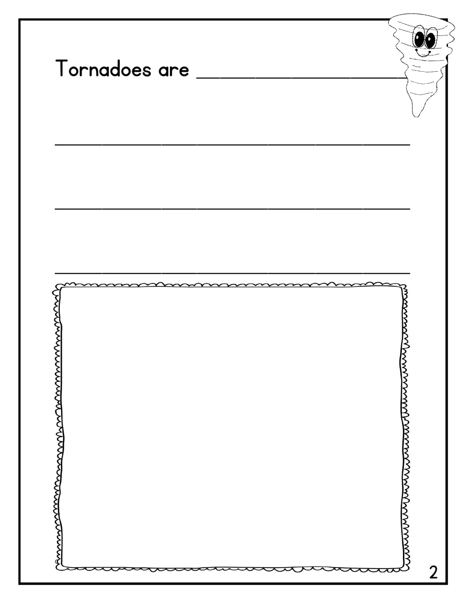 Student book page 2 begins 'Tornadoes are' for a written description and an accompanying illustration