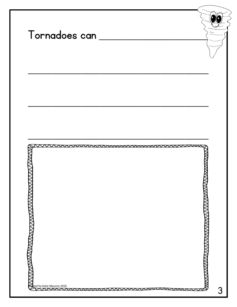 Student book page 3 begins 'Tornadoes can' for writing about tornado effects and illustrating the response