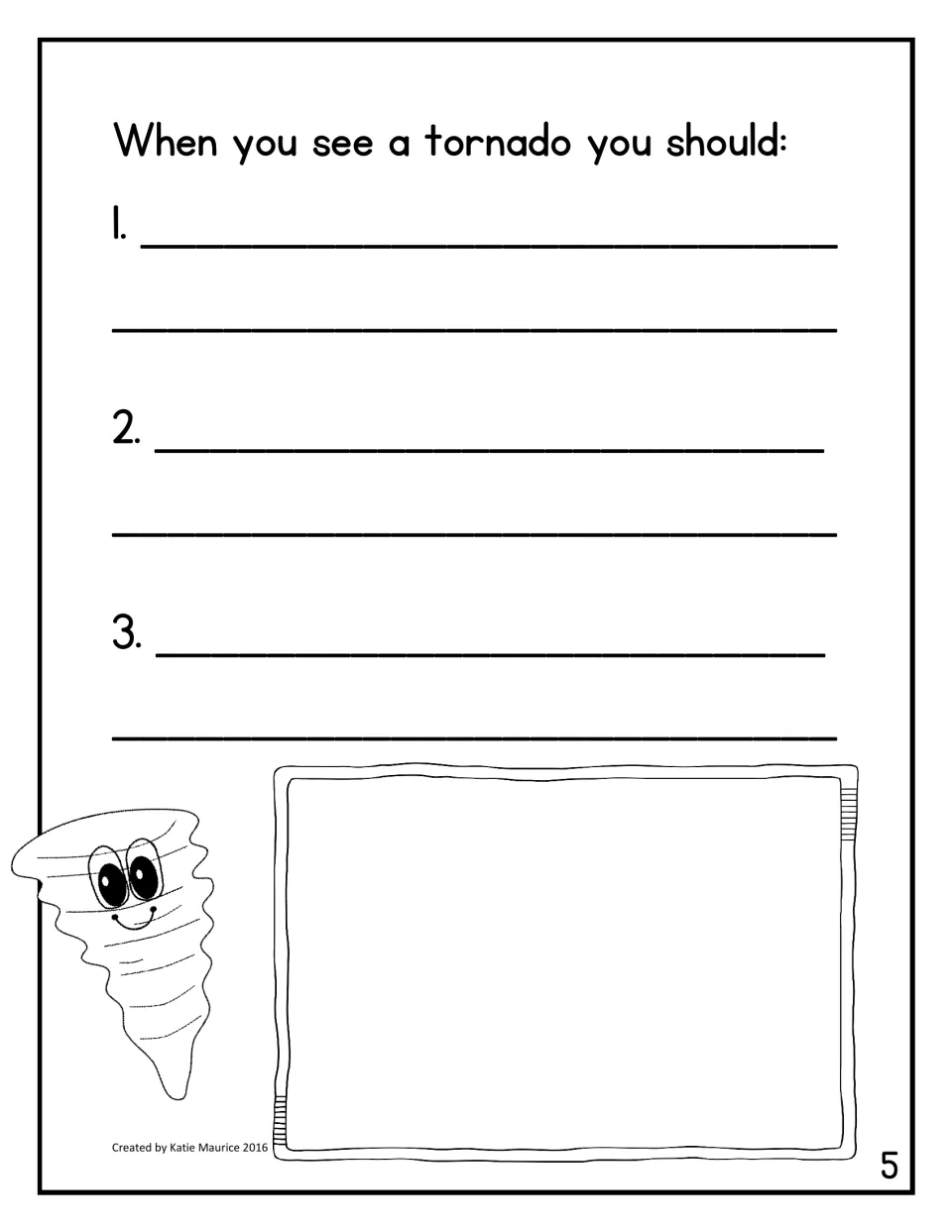 Student book safety page asks for three responses to 'When you see a tornado you should' and an illustration