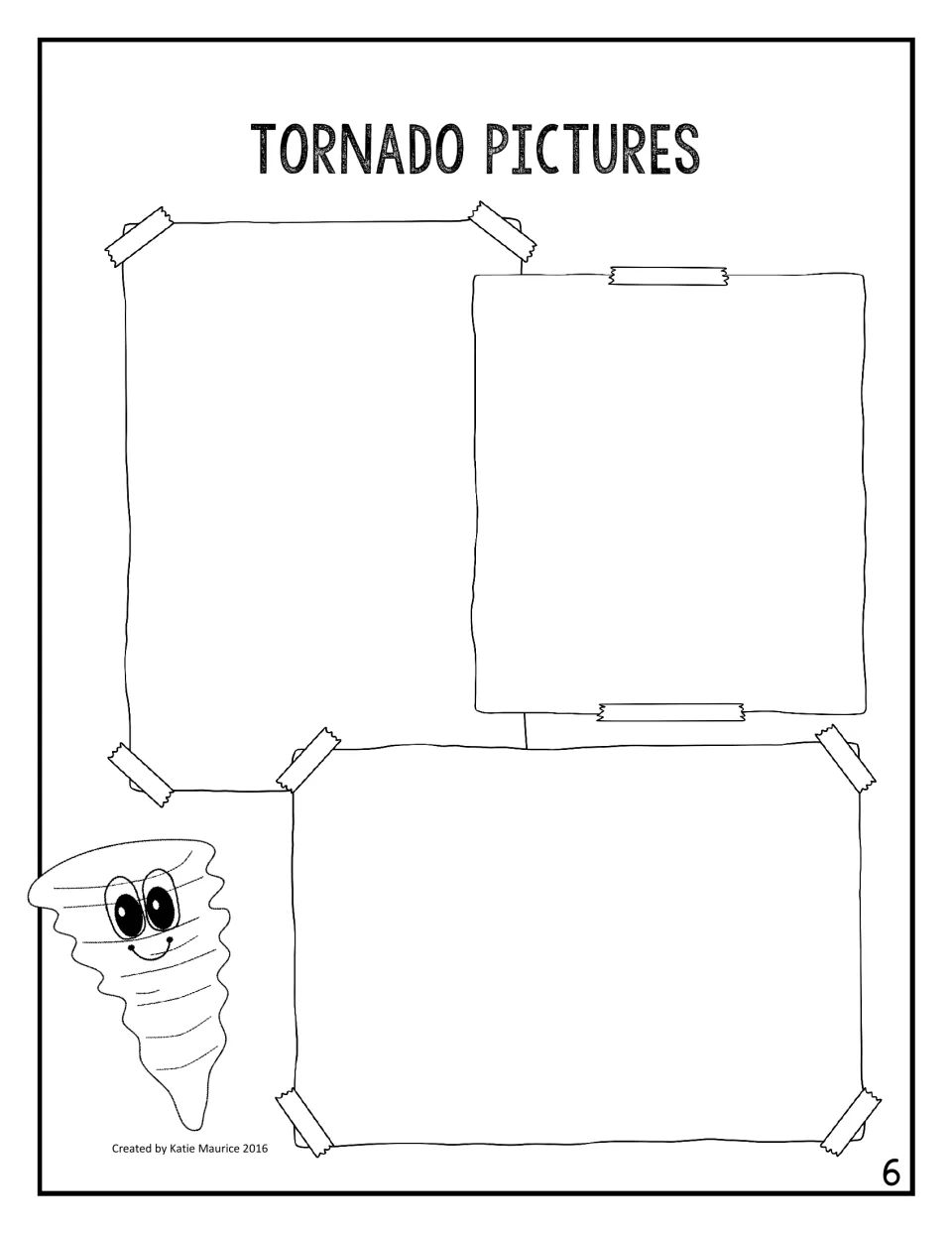 Student book page 6, headed 'Tornado Pictures,' provides three spaces for pictures to accompany the report