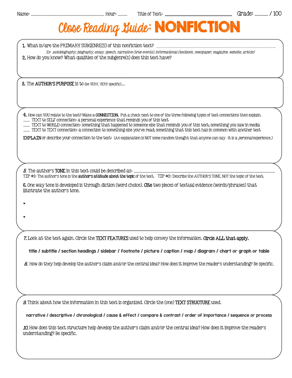 Nonfiction close reading: students answer 10 questions on subgenre, purpose, tone, diction, text features and structure