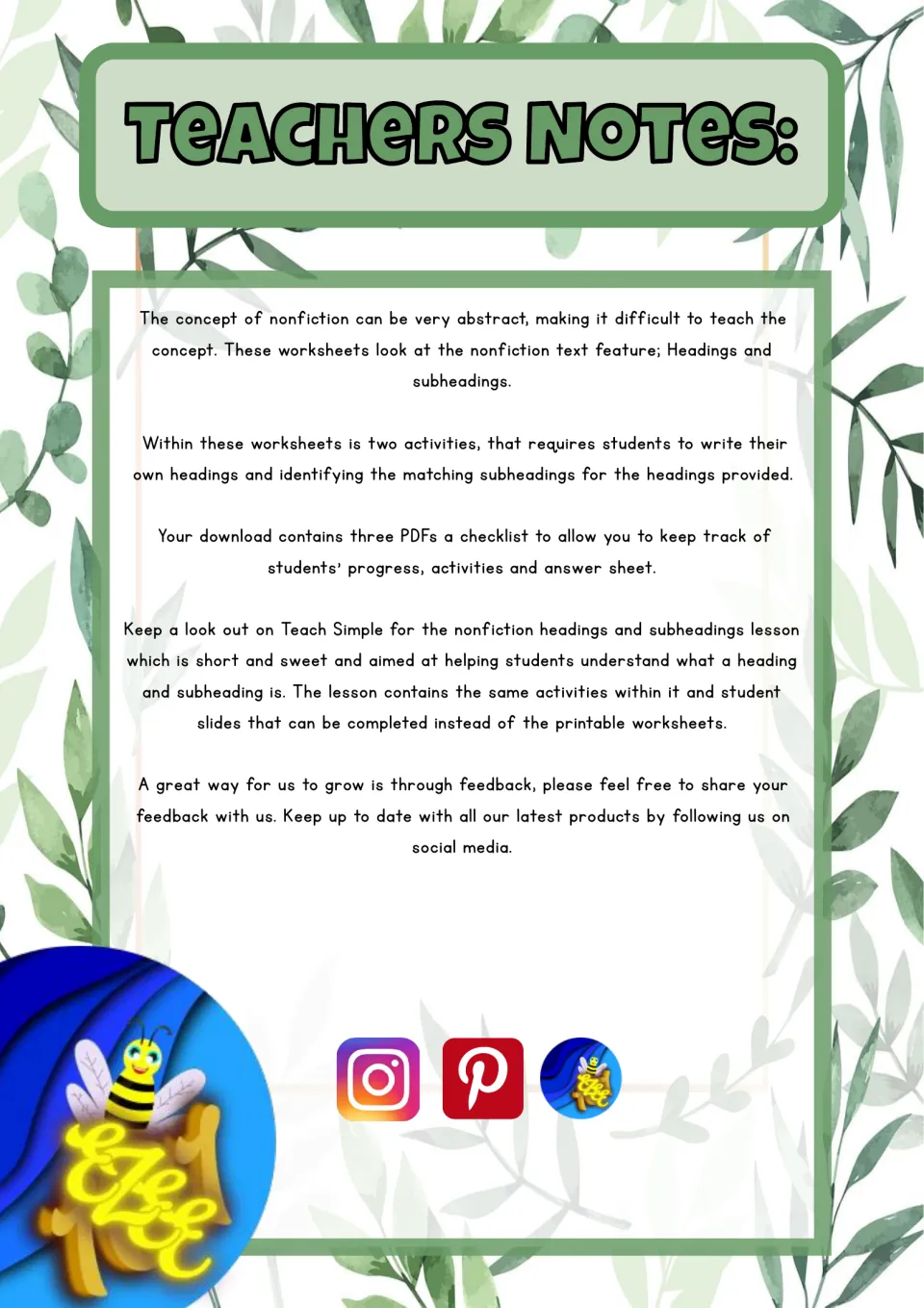 Teacher notes: explains two activities, writing headings and matching subheadings to headings, plus checklist and answers