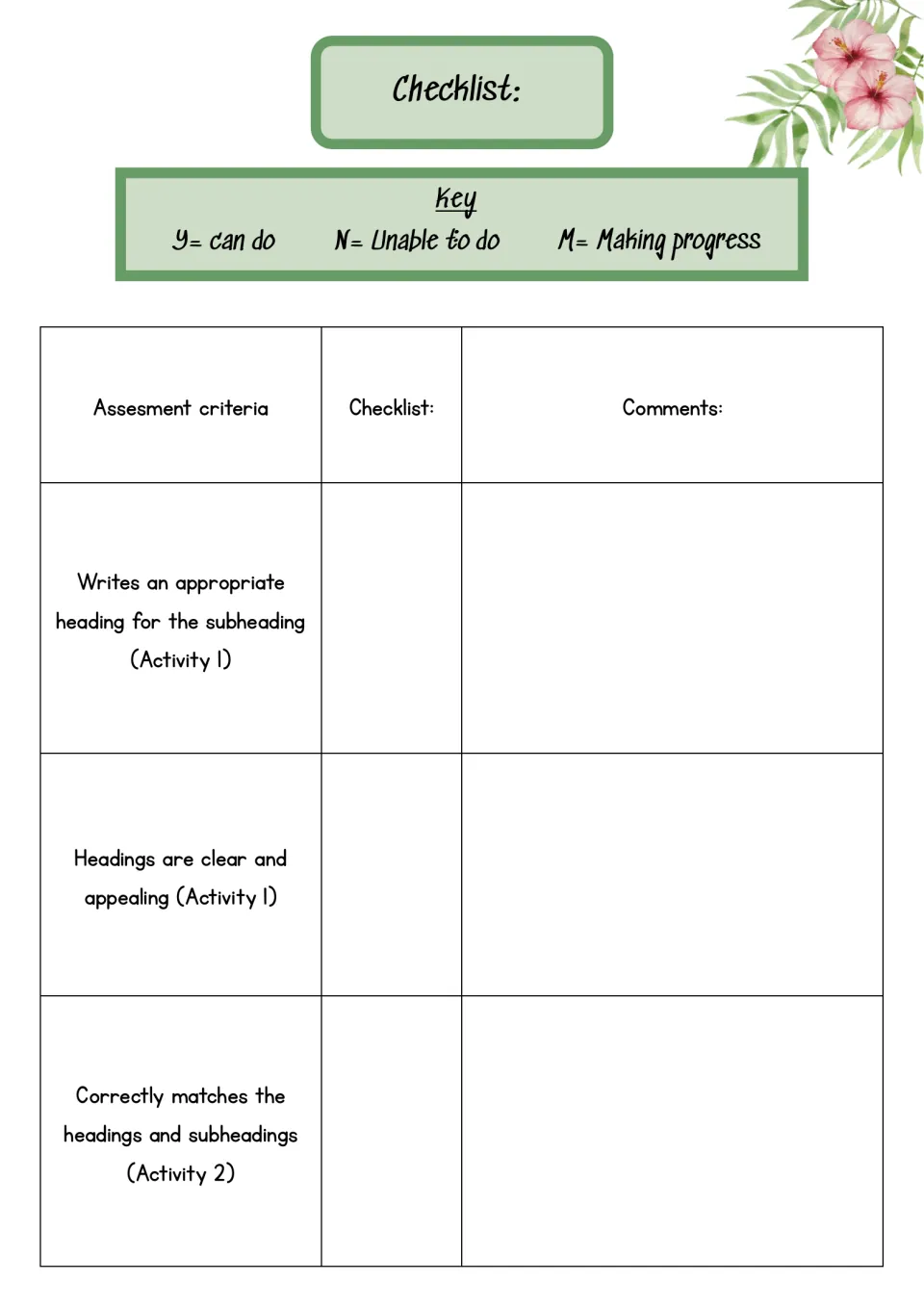 Assessment checklist: rate one student Y, N or M on writing headings for subheadings and matching headings, with comments