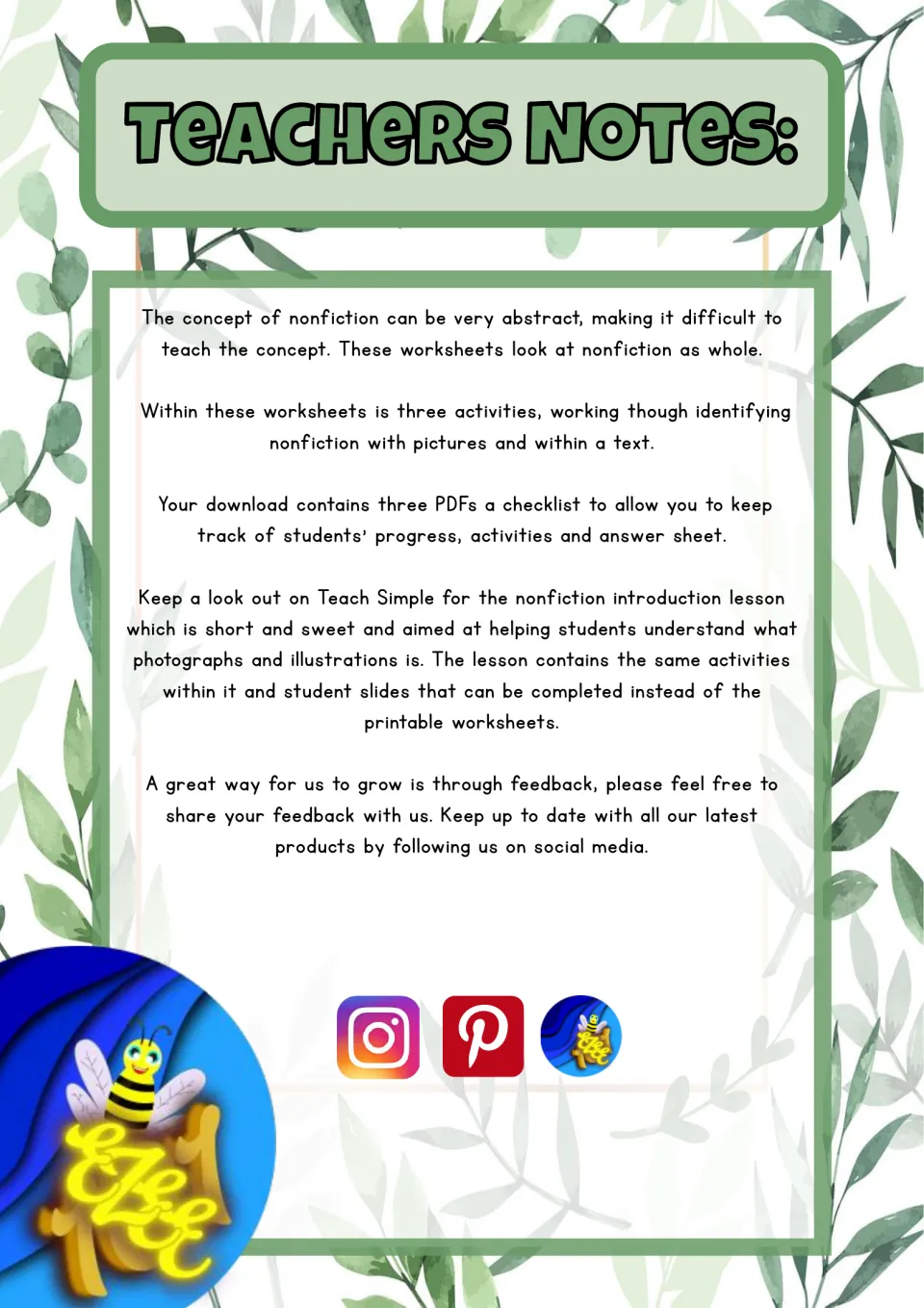 Teacher notes introduce three nonfiction activities and describe the checklist, activities, and answer sheet