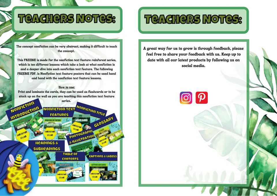 Teacher notes for the nonfiction posters explain printing and laminating the cards for flashcards or wall display