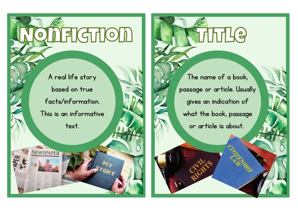 Larger nonfiction and title posters pair definitions with newspaper images, a 'My Story' book, and book titles