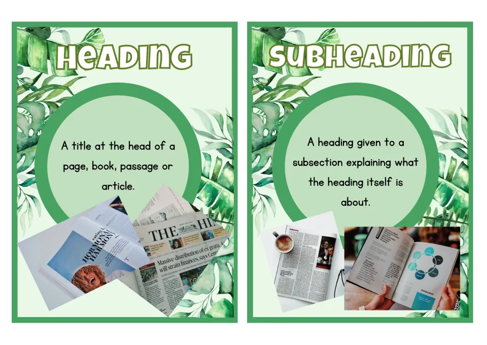 Larger heading and subheading posters include definitions and examples from books, a newspaper, and a magazine