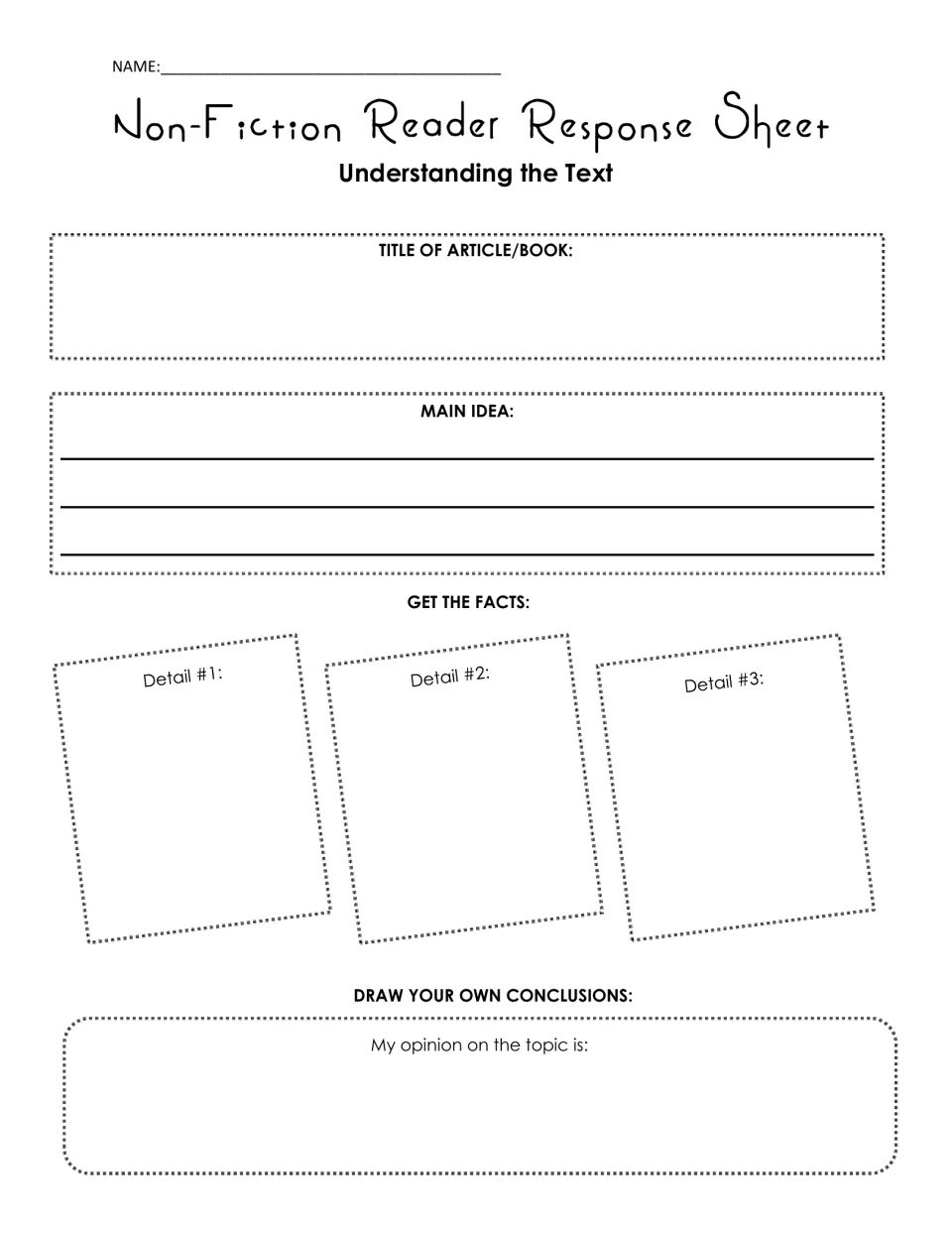 Understanding the text: students record a nonfiction title, main idea, three supporting details and their own conclusion