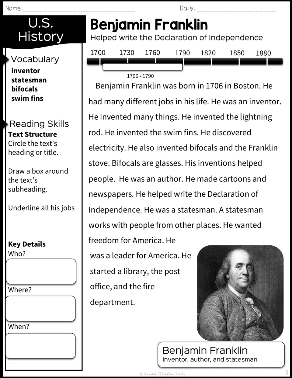 Benjamin Franklin passage with 1706-1790 timeline: students mark heading and his jobs, then note who, where and when
