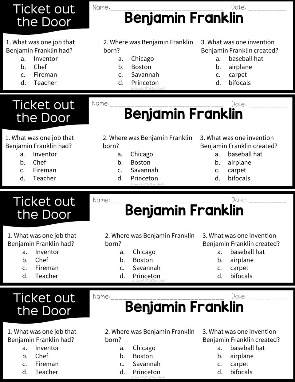 Ticket out the Door slips: four copies of three multiple-choice questions on Franklin's job, birthplace and an invention