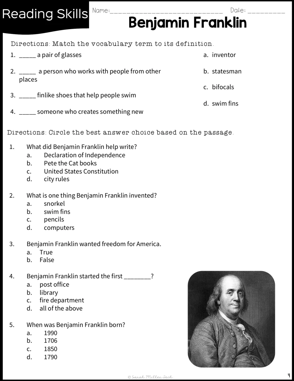 Franklin comprehension: students match four vocabulary terms to definitions and answer five multiple-choice questions