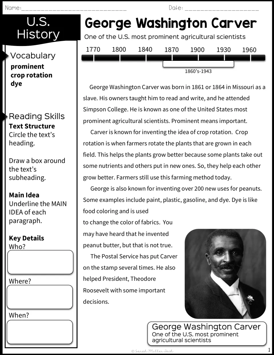 Carver biography passage about his life, crop rotation, and peanut uses, with main idea and text feature tasks