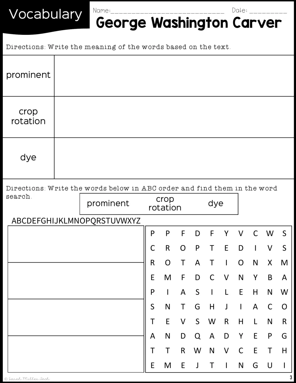 Carver vocabulary practice asks for meanings of prominent, crop rotation, and dye, plus ABC order and word search