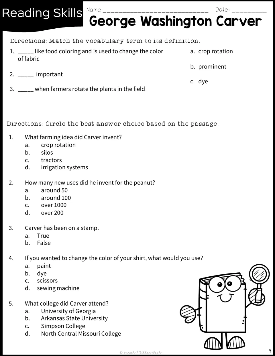 Carver reading practice includes three vocabulary matches and five questions on farming, peanuts, and more