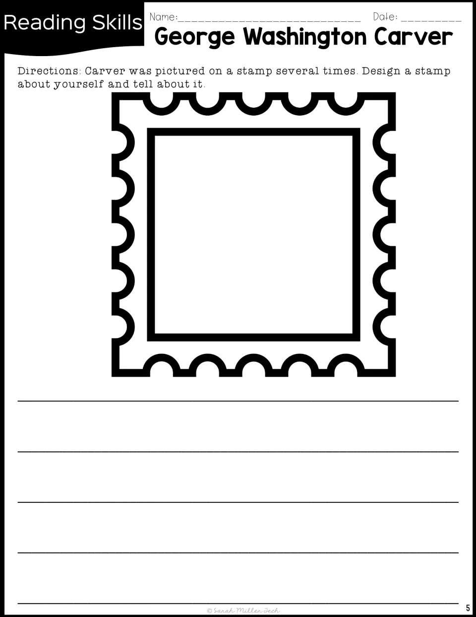 Carver follow-up activity asks students to design a stamp about themselves and write about their design