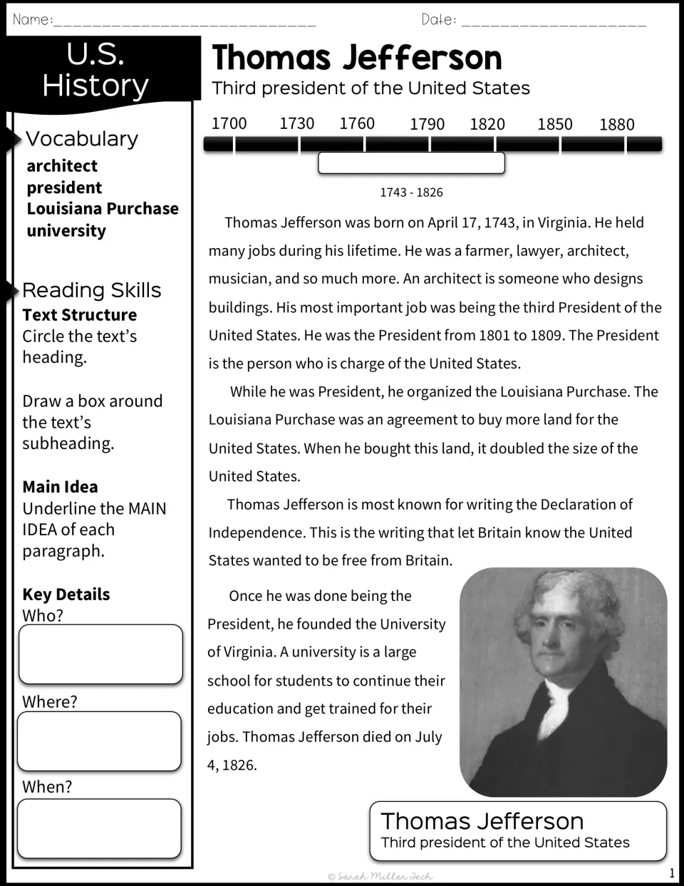 Biography passage on Jefferson's life, presidency, Louisiana Purchase, and founding the University of Virginia