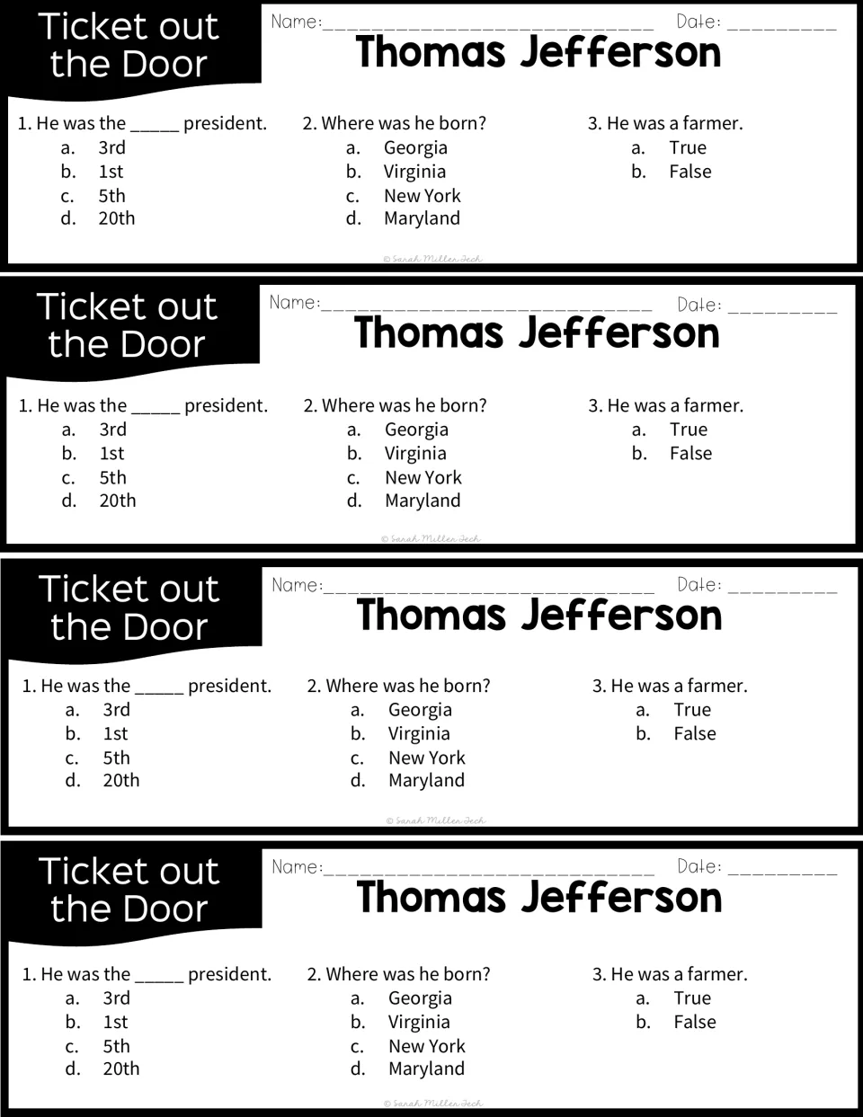 Four identical exit tickets ask about Jefferson's presidential number, birthplace, and work as a farmer