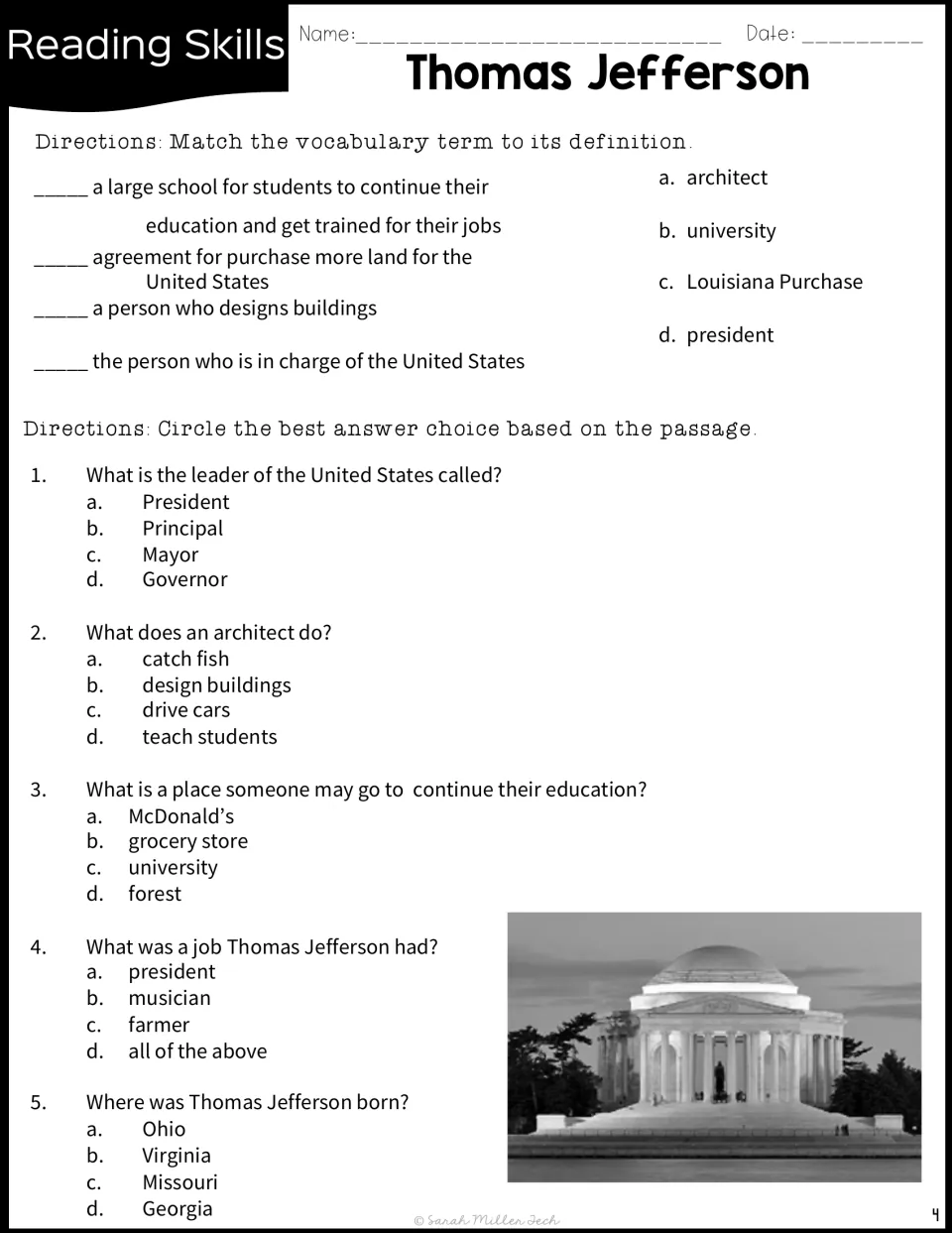 Reading practice pairs four vocabulary definitions with five questions about Jefferson's jobs and birthplace