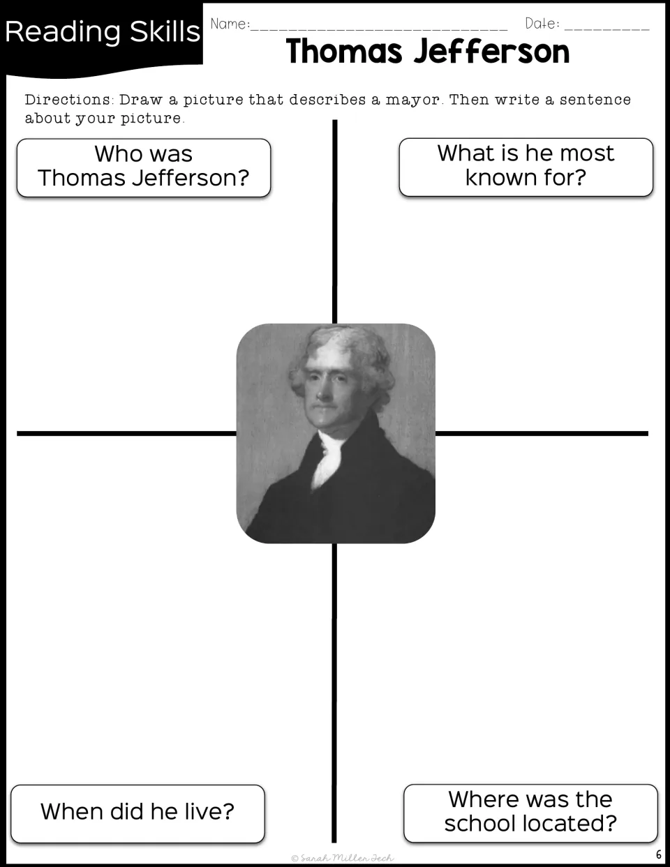 Jefferson graphic organizer asks who he was, what he is known for, when he lived, and where his school was