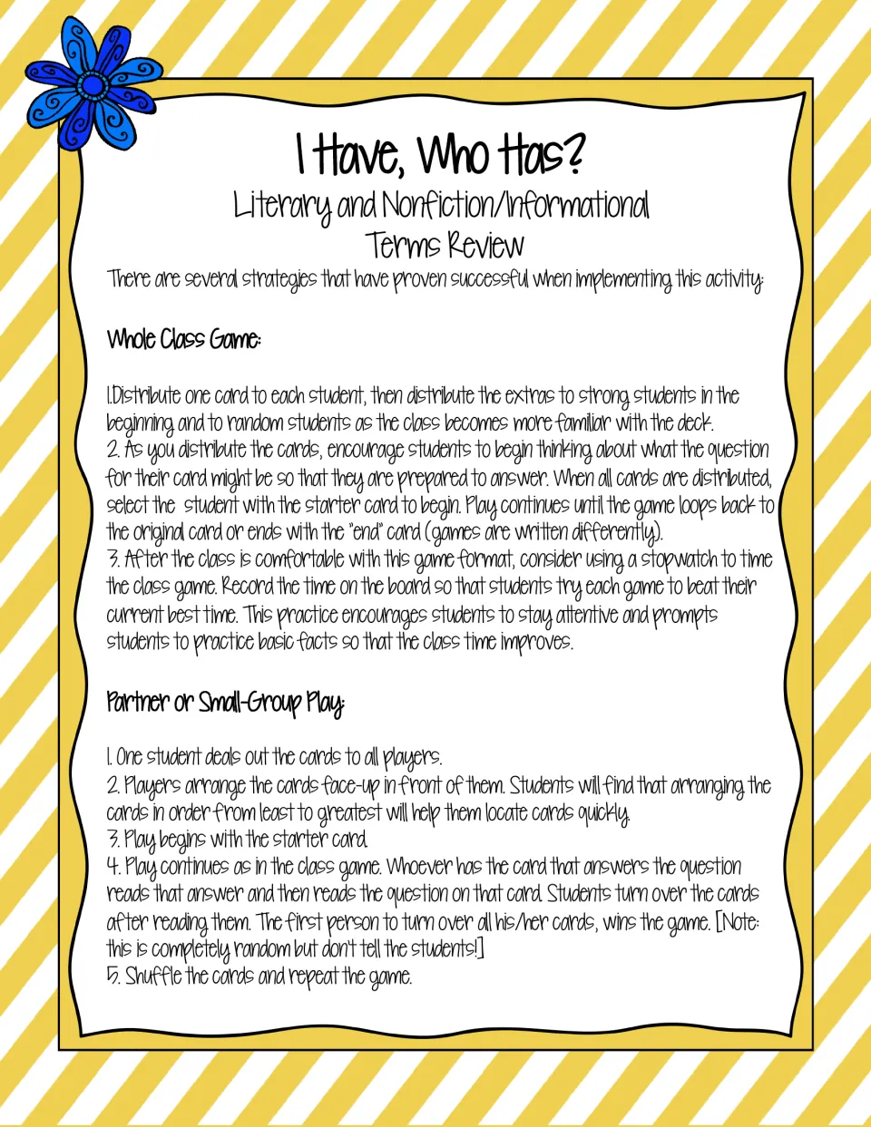 Game directions for whole-class play with a starter card and stopwatch timing, plus steps for partner or small-group play